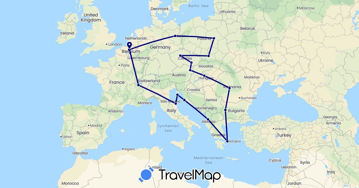 TravelMap itinerary: driving in Albania, Austria, Belgium, Bulgaria, Switzerland, Czech Republic, Germany, Greece, Croatia, Hungary, Italy, Poland, Romania (Europe)